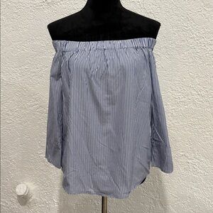 Zara  Women’s Blue White Striped Top Off The Shoulder Blouse 3/4 Sleeve Size S